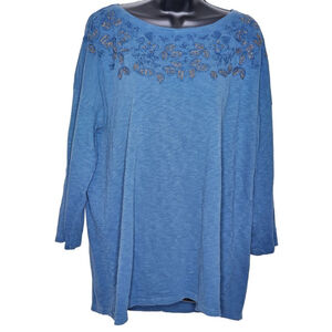 Women's Soft Surroundings Blue Gold Embroidered Tunic Top Size L